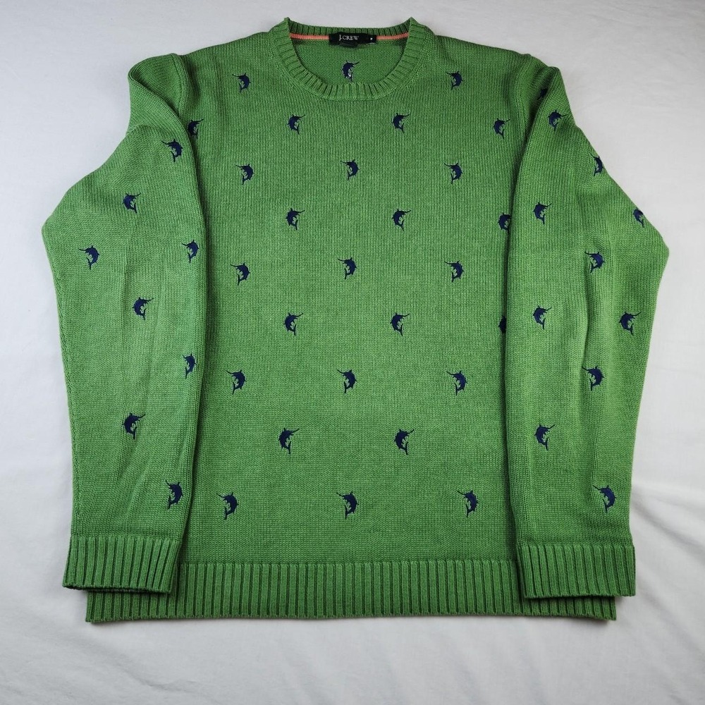 J.Crew Vintage 90s Swordfish Embroidered Green Cotton Sweater Japan Womens M